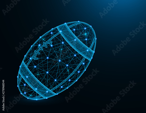 Rugby ball low poly model, Sport game abstract graphics, American football polygonal wireframe vector illustration on dark blue background