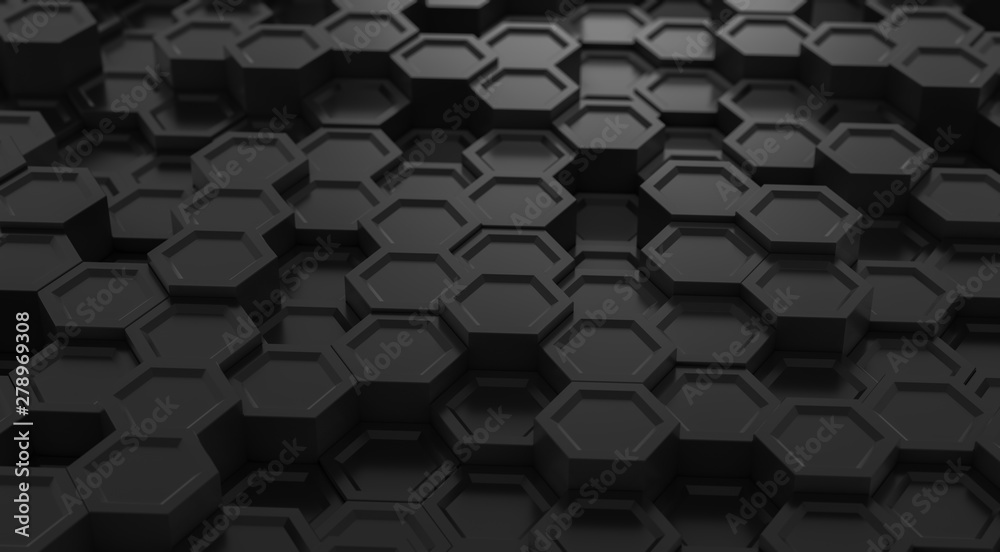 Black geometric hexagon concept. Abstract technology hexagonal background. Modern element for design. 3d rendering. Black geometric hexagon concept. Abstract technology hexagonal background. Modern element for design. 3d rendering.