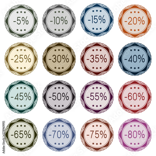 Soldes : Set de 16 étiquettes vintage pour remise ou promotion de -5% à -80%