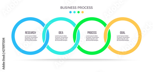 Business infographics. Timeline with 4 steps, options, circles. Vector template.
