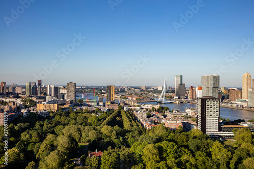Rotterdam Netherlands cityscape and Erasmus bridge. Aerial view from Euromast tower, sunny day
