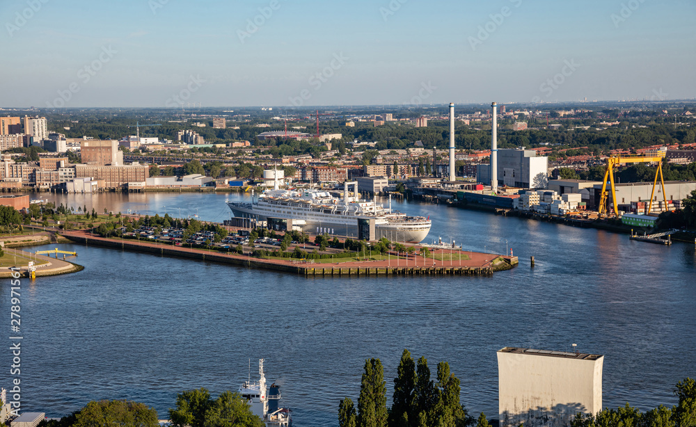 Rotterdam Netherlands city and harbor. Aerial view from Euromast tower, sunny day