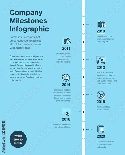 Business infographic for company milestones timeline template with line icons and blue background. Easy to use for your website or presentation.