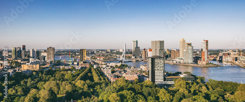 Rotterdam Netherlands cityscape and Erasmus bridge. Panoramic view from Euromast tower, sunny day © Rawf8