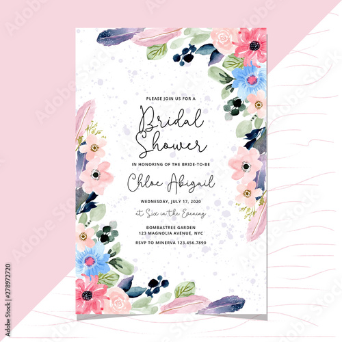 bridal shower invitation with floral and feather watercolor border