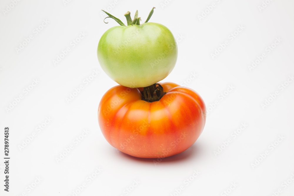 Tomate verde y tomate maduro de color rojo. El tomate verde madurará fuera de la planta el tomate rojo ha sido cogido para ser consumido de forma inminente. El tomate se puede comer crudo o cocinado Tomate verde y tomate maduro de color rojo. El tomate verde madurará fuera de la planta el tomate rojo ha sido cogido para ser consumido de forma inminente. El tomate se puede comer crudo o cocinado