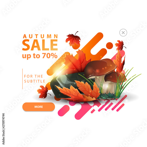 Autumn sale, pop-up window with a discount banner for your website with mushrooms and autumn leaves