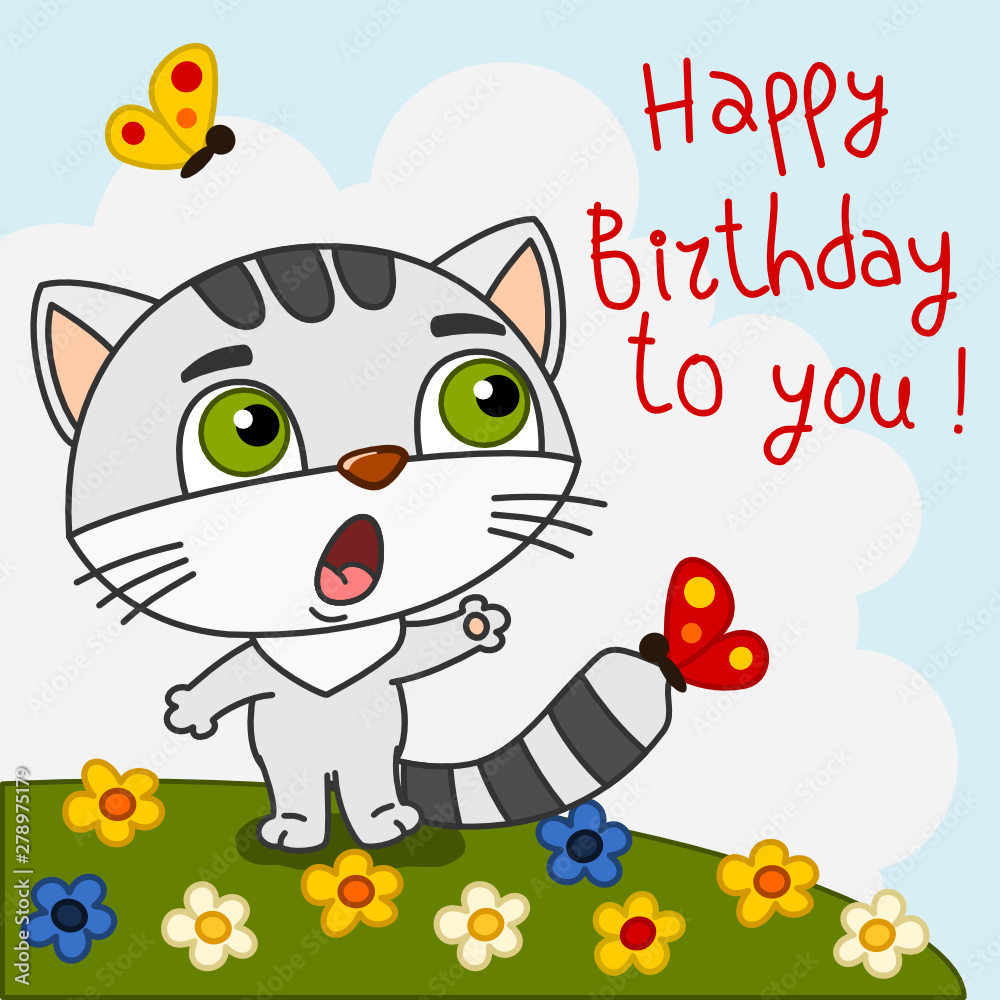 Happy birthday card - funny kitten cat singing a congratulatory song Stock  Vector | Adobe Stock