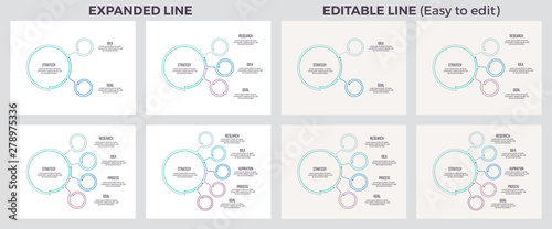 Business infographic. Circular charts with 3, 4, 5, 6, 7, 8 options, steps. Vector circle diagram. Editable line.
