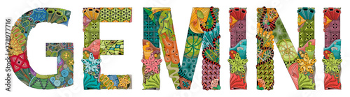 Word GEMINI. Vector zentangle object for decoration