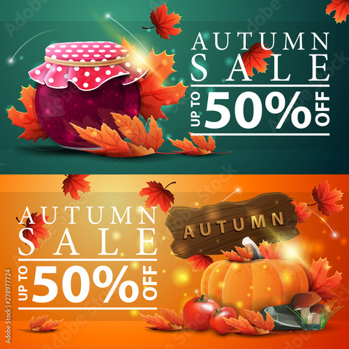 Autumn sale, two horizontal discount banners