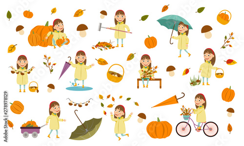 Set girl with hair decoration in an autumn jacket plays with leaves, launches a paper boat, rides a bicycle, carries pumpkins and has fun in the fall. Cute Vector Illustration