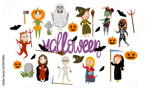 Set of funny girls in scary costumes for celebrating Halloween. Cute mummy, death, zombies, vampire, superhero, witch, ghost, devil, skeleton and pumpkin. Trick or treat. Vector illustration of kids © AnnstasAg