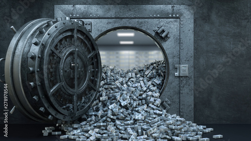 3d render Opening Of The Vault Door In Bank with a lot of money