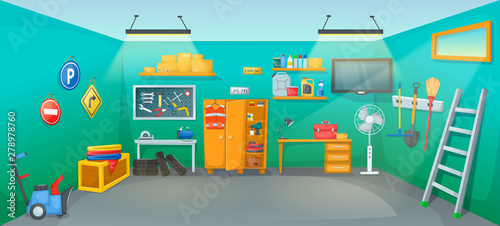 Garage interior room with tools furniture inventory equipment.