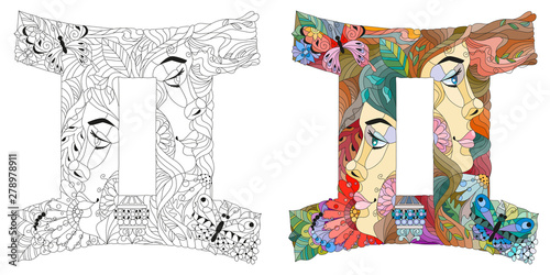 Gemini zodiac sign cute cartoon character retro zentangle stylized in vector