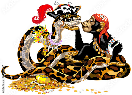 Cartoon chimpanzee and big snake pirates near the treasure. Great ape or chimp monkey and Python Boa Constrictor wearing golden crown and pearl necklace laying on pile of gold coins and jewelry