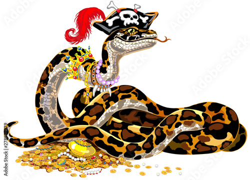 Cartoon ball Python pirate guarding the treasure. Big snake Boa Constrictor wearing a hat, golden crown and pearl necklace on his neck and laying on pile of gold coins and jewelry. Isolated vector 