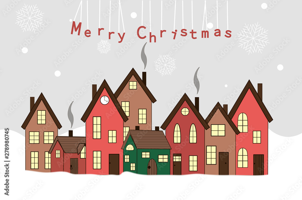 Christmas card with houses, smoking chimney and falling snowflakes with an inscription.