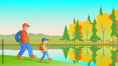 Father and son with backpacks go on a summer trip on the background of a beautiful landscape with forests and snow-capped mountains. Figure in cartoon style.