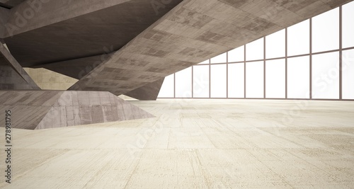 Abstract architectural concrete interior of a minimalist house. 3D illustration and rendering.