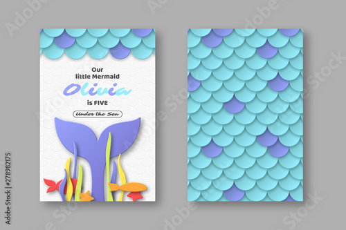 Wallpaper Mural Birthday party design for little girls. Mermaid underwater composition in 3d paper cut style. Fish scales and mermaid tail elements. Place for text. Vector illustration. Torontodigital.ca
