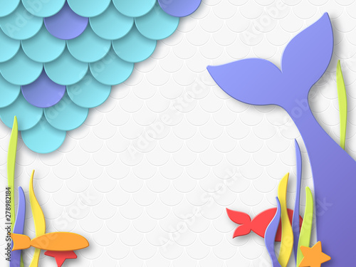 Birthday party design for little girls. Mermaid underwater composition in 3d paper cut style. Fish scales and mermaid tail elements. Place for text. Vector illustration.