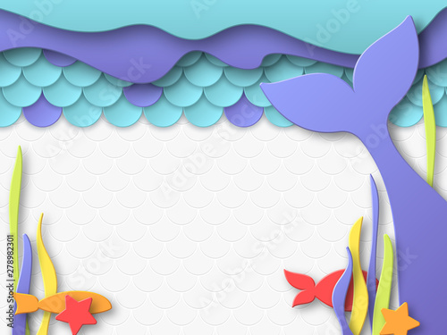 Birthday party design for little girls. Mermaid underwater composition in 3d paper cut style. Fish scales and mermaid tail elements. Place for text. Vector illustration.