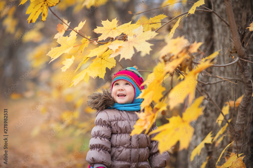 happy little child, baby girl laughing and playing leaves in the autumn on the nature walk outdoors