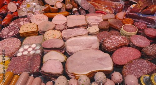 Display of German meats, cold cuts and sausages in a butcher's shop