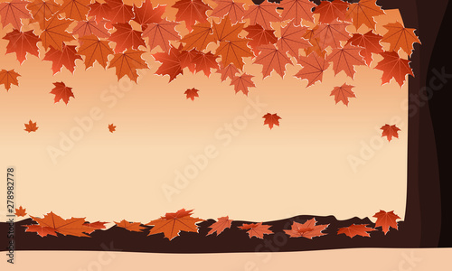 Autumn forest with falling maple tree orange color. Copy Space Design vector illustration