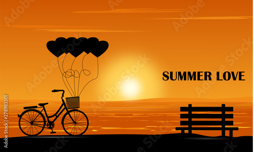 The silhouette of the bike and bench on the beach at sunset On the day of love during the summer