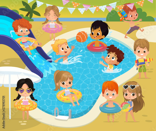 Pool party Kids. Сhildren have fun in a pool. Little Girl in inflatable circle. Funny Summer Vacation. Boy with a toy water gun. Children playing in the water