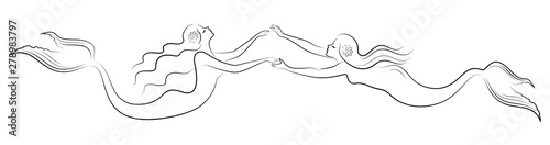 Silhouette of two mermaids. Beautiful girls swim in the water, dance. The lady is young and slim. Fantastic image of a fairy tale. Vector illustration