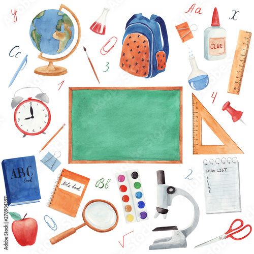 Hand drawn watercolor back to school supplies set isolated on white background