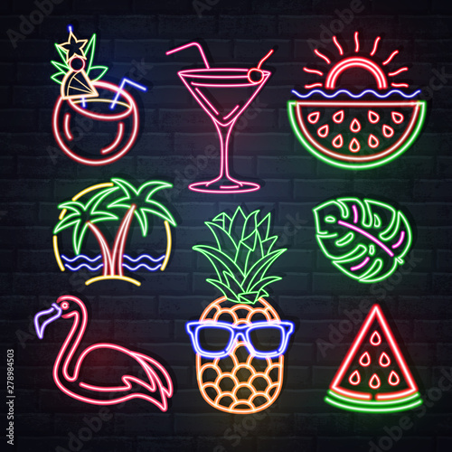 Set of summer neon sings. Neon isolated icons. Flamingo, pineapple, cocktail, tropic leaves, palms. Vintage electric signboard