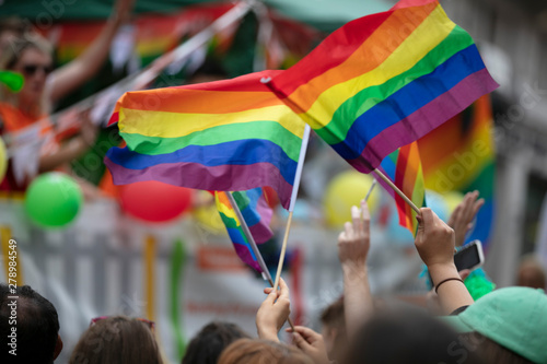 People wave LGBTQ gay pride flags at a solidarity march photo