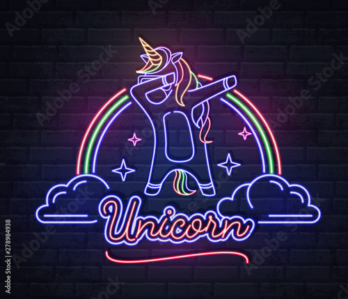 Neon sign dabbing unicorn with rainbow. Vintage electric signboard.