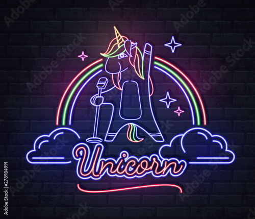 Neon sign singing unicorn with rainbow. Vintage electric signboard.