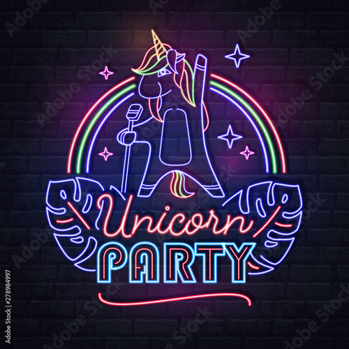 Neon sign singing unicorn with fluorescent tropic leaves. Vintage electric signboard.
