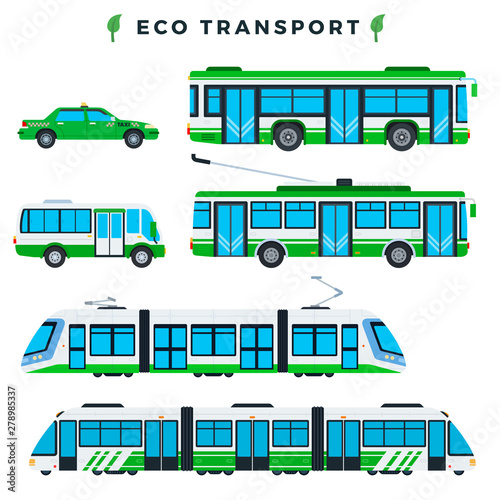 Public eco transport. Municipal city ecologically clean transport. Eco electric automobiles. Vector illustration.