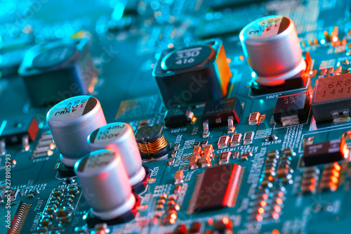 Electronic circuit board close up.