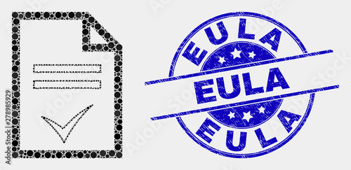 Pixelated agreement page mosaic icon and Eula seal. Blue vector round scratched seal stamp with Eula phrase. Vector collage in flat style. Black isolated agreement page mosaic of scattered spheres,
