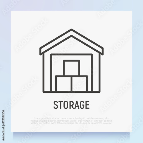 Warehouse thin line icon: storehouse with boxes. Logistic distribution. Modern vector illustration.