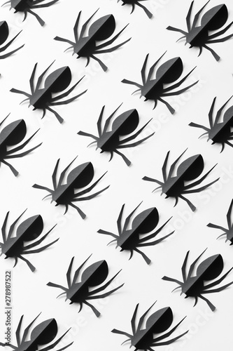 Spiders on white background. Halloween holiday concept. Top view, flat lay and isometric