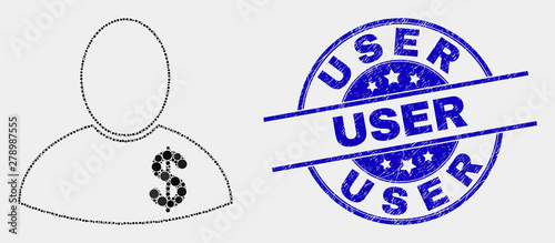 Dotted banker mosaic pictogram and User stamp. Blue vector round textured watermark with User caption. Vector composition in flat style. Black isolated banker mosaic of randomized spheres,