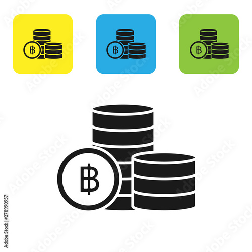 Black Cryptocurrency coin Bitcoin icon isolated on white background. Blockchain technology, bitcoin, digital money market, cryptocoin wallet. Set icons colorful square buttons. Vector Illustration