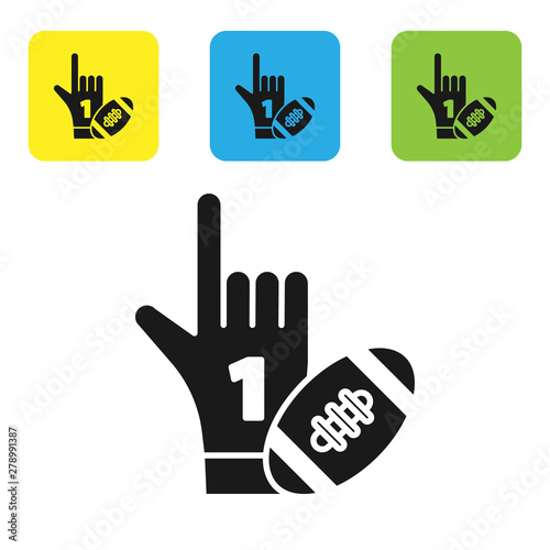 Black Number 1 one fan hand glove with finger raised and american football ball icon isolated on white background. Set of sport equipment. Set icons colorful square buttons. Vector Illustration
