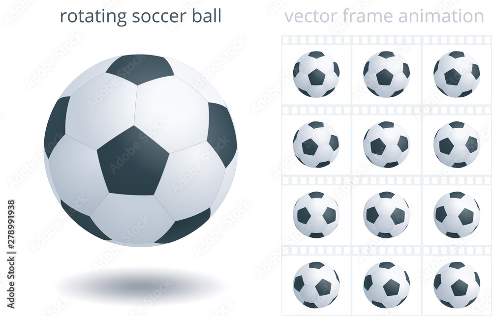 Rotating soccer ball. 3d realistic vector object. Sequence of frames for  GIF, flash, CSS animation. Looped