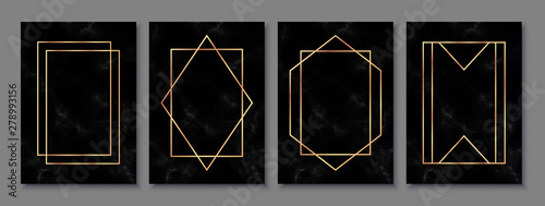 Luxury posters set with black marble texture and gold polygonal frames. Vintage templates in art deco style: cards, banners, brochures, flyers etc. Perfect for Black Friday Sale, wedding, party.